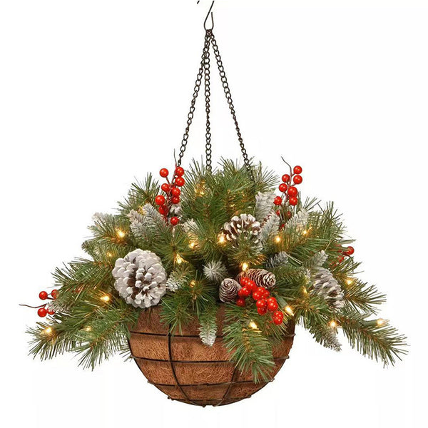 Pre-lit Artificial Christmas Hanging Basket Decoration Frosted Berries Christmas Home Front Door Hanging Decor