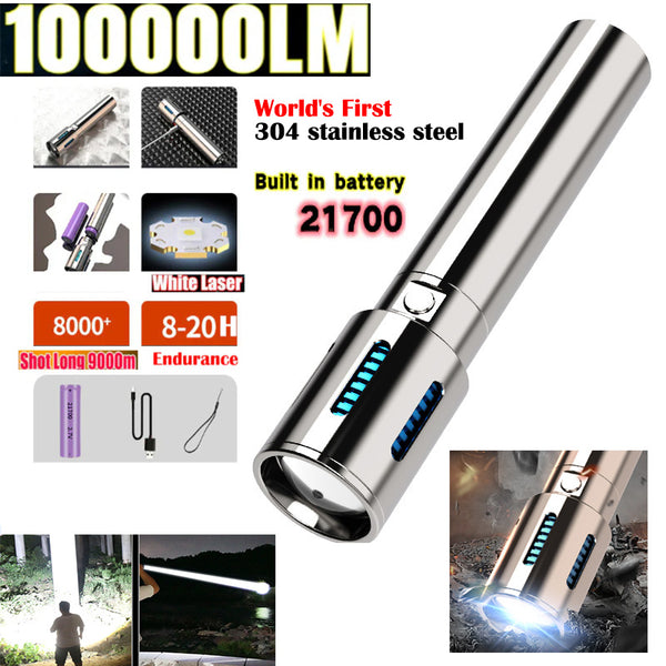World's First High-grade Stainless Steel 100000Lumens White Laser Tactical Flashlight With 21700 Tesla Li-ion Battery 40 Hours High Endurance 20 Years of Use
