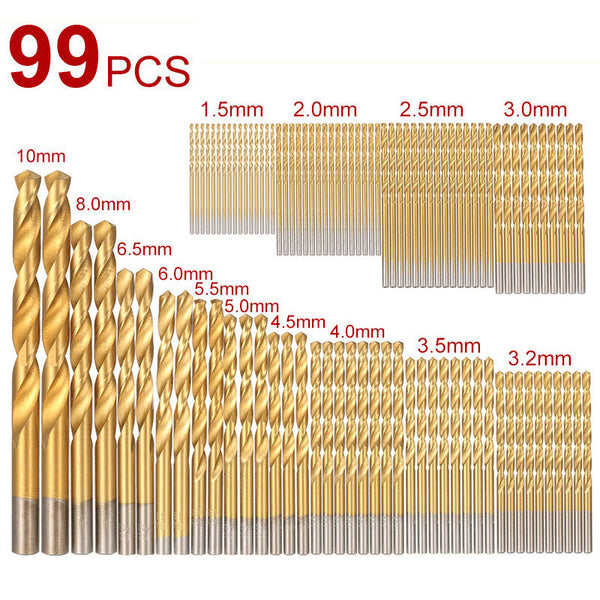 99pcs Titanium Coated Drill Bit Set 1.5mm-10mm High Spec Metal Wood Drill Bit Set For Power Tools for Metal and Plastic
