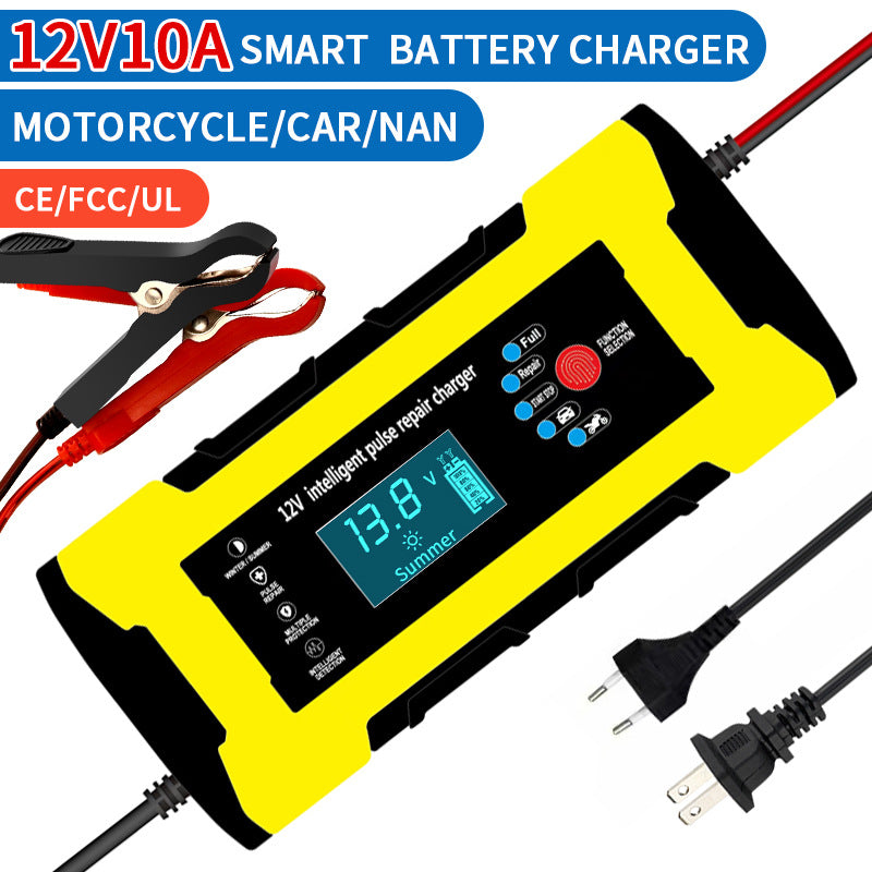 12V 10A Intelligent Pulse Repair Charger Car Battery Charger Smart Fully Automatic Battery Charger LCD Screen Car Truck Motorcycle Lead Acid Batteries