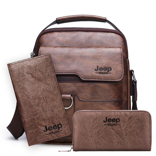 2Pcs Set Jeep Vintage Men's Leather Crossbody Long Wallet Handbag Set