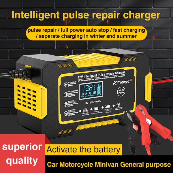 12V 6A Intelligent Pulse Repair Charger Car Battery Charger Smart Fully Automatic Battery Charger LCD Screen Car Truck Motorcycle Lead Acid Batteries