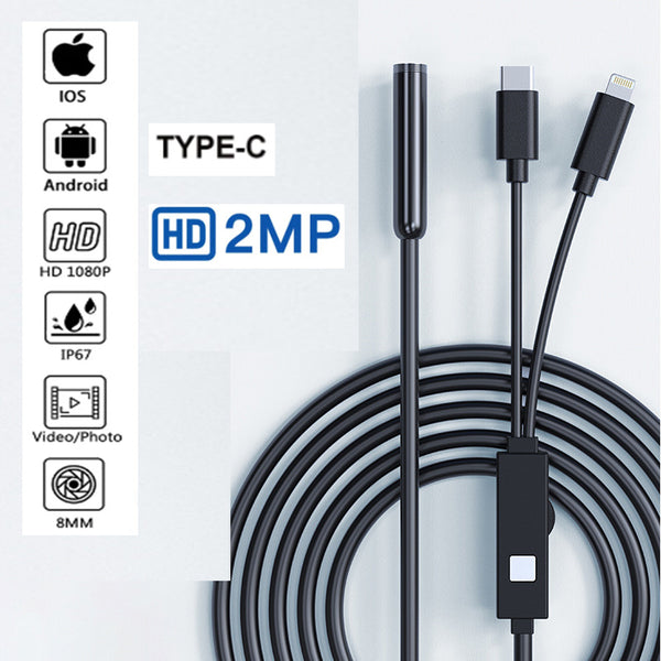 2-in-1 5 Meters 8mm HD iPhone/iPad Android (Type-c) Endoscope Camera Waterproof Lens Pipeline Inspection Borescope