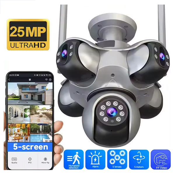 5 Lens 5 Screen 5 PTZ Motion Tracking Panoramic Surveillance Camera with 360° Dead-Angle-Free Pan-Tilt Rotation, Outdoor Waterproof Wireless WiFi Color Night Vision Monitoring