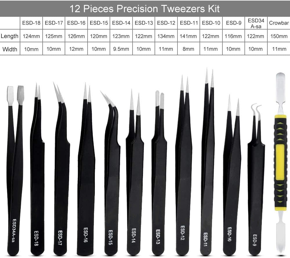 12Pcs Dismantling Pry Bar ESD Tweezer Tool Set Anti-static Precision Tweezer Tools