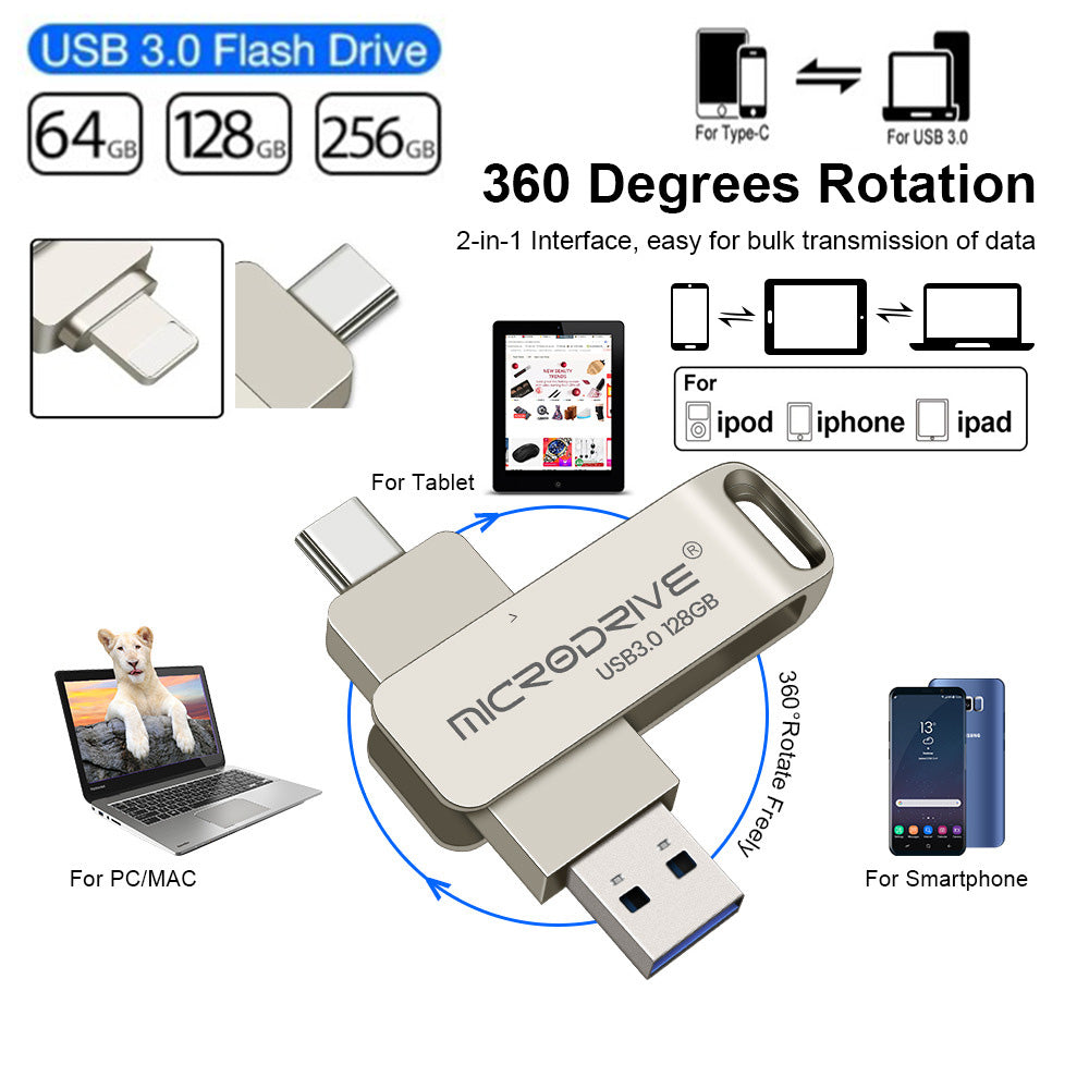 128GB/256GB 2 IN 1 iPhone Computer Metal USB3.0 Flash Drive OTG Pen Drive USB 3.0 Flash Disk USB-A to lightning