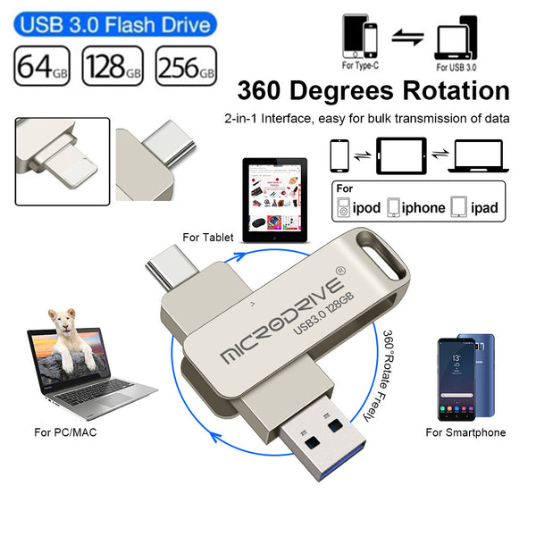 128GB/256GB 2 IN 1 iPhone Computer Metal USB3.0 Flash Drive OTG Pen Drive USB 3.0 Flash Disk USB-A to lightning