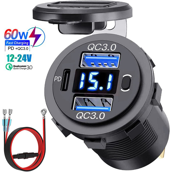 60W PD QC3.0 Car Charger Socket with Voltage Meter Quick Charge 3.0 Socket Power Outlet for 12V/24V Motorcycle Truck Boat
