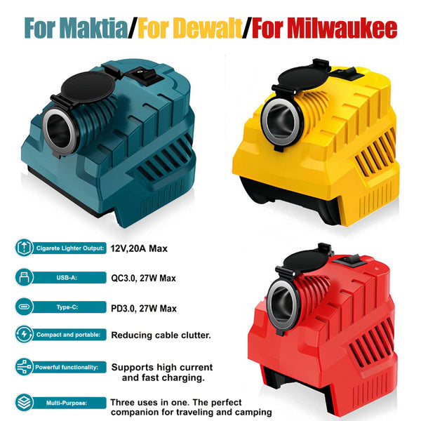 18V-21V Battery Converter Adapter Charger USB Port Buck Converter Regulator Cigarette Lighter Jack For Makita/Dewalt/Milwaukee 18V-21V Battery 240W USB Type C Ports Power Supply