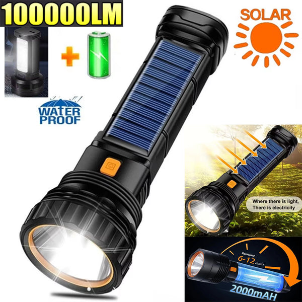 100000LM Solar+USB Flashlight with Side Light Type-C Rechargeable Tactical Torch Portable Camping Flashlights Waterproof Hiking Emergency Light