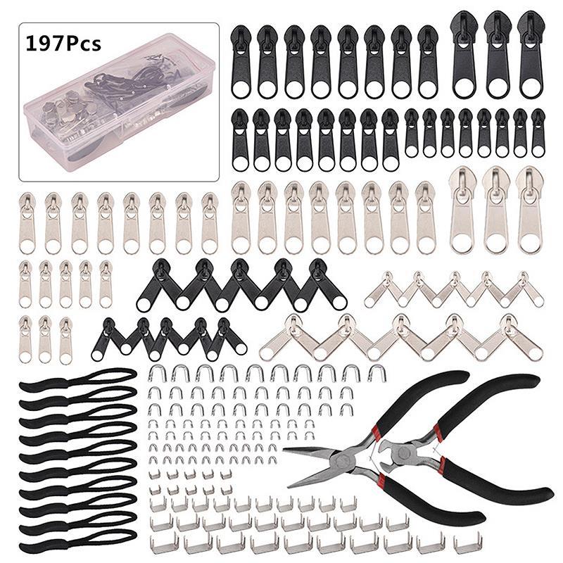 197pcs Zipper Repair Kit Zipper Replacement Puller For Clothing Tent Install Pliers Tool Stop Extension Luggage Clothing