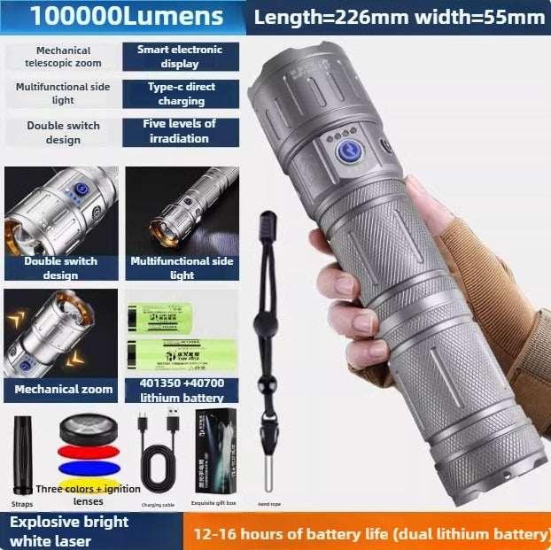 GT Laser Light 4 Lens Zoom Alloy 35000mah Ultra Large Battery Flashlight 100000Lumens Waterproof Super Bright Long Range WIth Side Light Flash Can Last up to 99 Hours