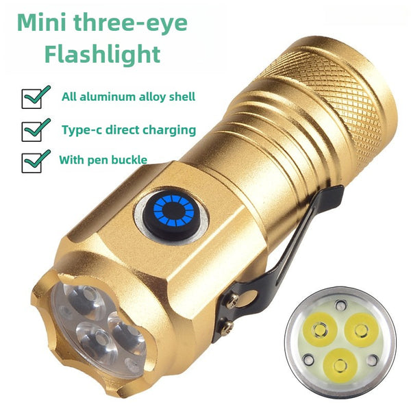 Mini Gold 3-Nuclear Anti-explosion Alloy Flashlight Clip-on Headlamp Powerful Rechargeable