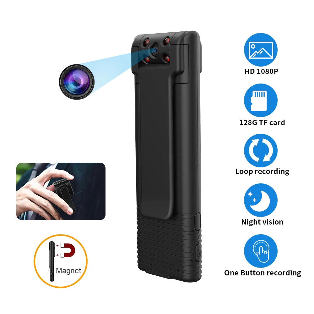 Full HD 12MP Mini Night Vision Camera Portable 8 Hours Recording Body Hidden Camera Recorder 180° Rotating Lens 120° Wide Angle Miniature Magnet Camcorder Ultra-Slim Clip Design