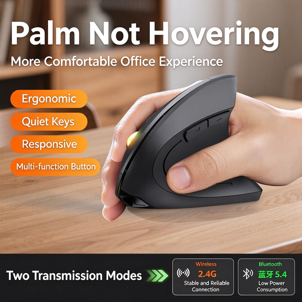 57° Vertical Ergonomic Mouse | Bluetooth 5.4 & 2.4 GHz Dual-Mode Wireless | Silent Buttons & 3 DPI Settings | Reduces Wrist Fatigue