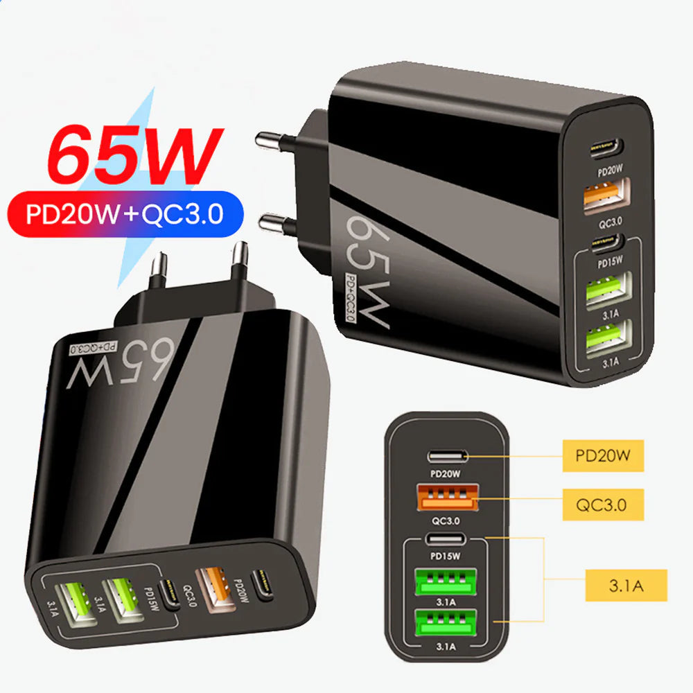 2Pcs New PD65W Fast Charging Mobile Phone Charger with 3USB and 2PD Type-c 5-hole Charger US/EU/UK Plug