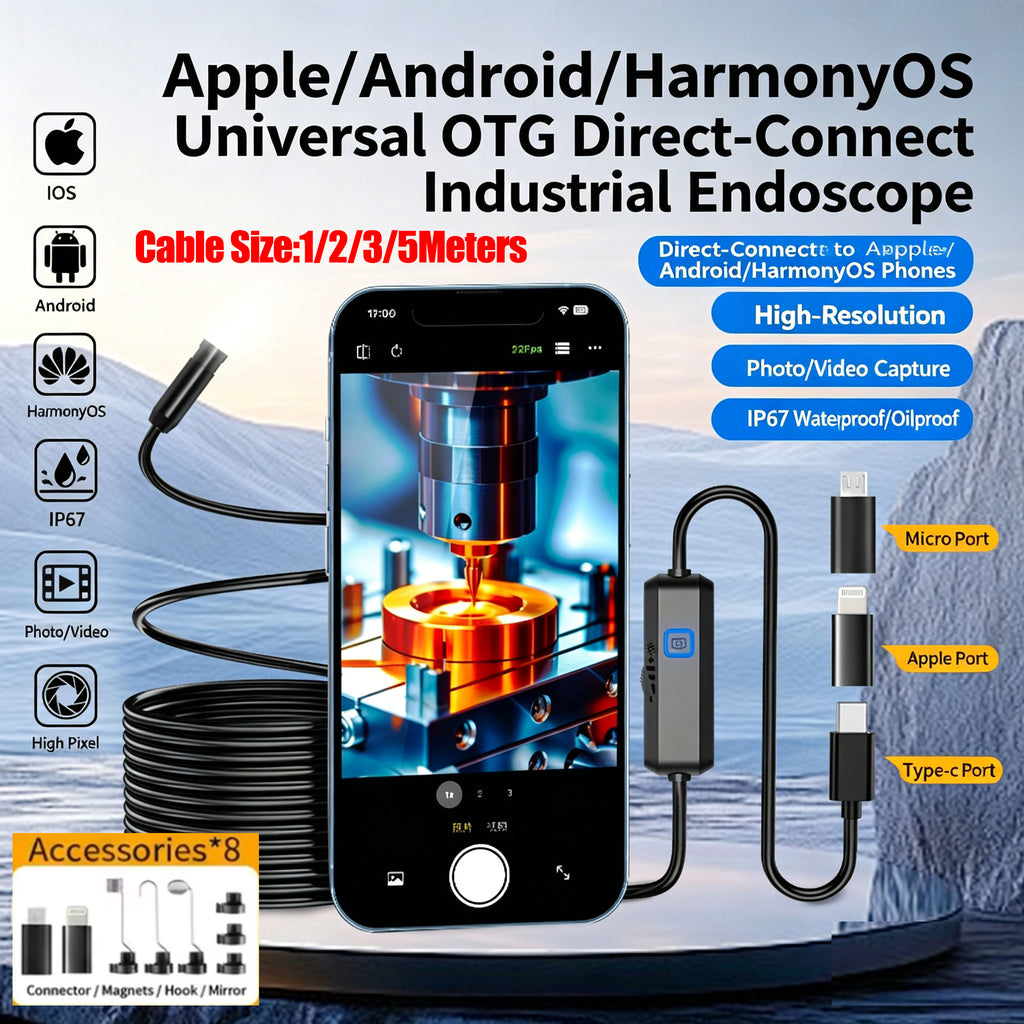 iPhone-compatible Industrial Endoscope, Supports iOS, Android and HarmonyOS, IP67 waterproof, 8 adjustable LEDs,1/2/3/5 metres Hard wire