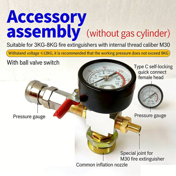 Transform a 3–8 kg fire extinguisher into a portable air compressor in seconds Equipped with a pressure gauge, ball valve and C-type quick-connect coupling Versatile for use with outdoor nail guns, spray painting and tyre inflation
