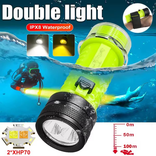 Dual XHP70 LED Diving/Outdoor Dual-Use Torch | 100m Underwater Illumination + 500m Land Beam Range | IPX8 Waterproof Rating | 4-30 Hour Battery Life