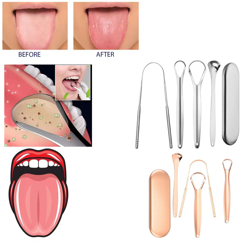 4Pcs Oral Hygiene Mouth Kit Fresh Breath in Seconds Bad Breath Metal Tongue Cleaner Stainless Steel Tongue Cleaner Scraper U Shape for Men Women