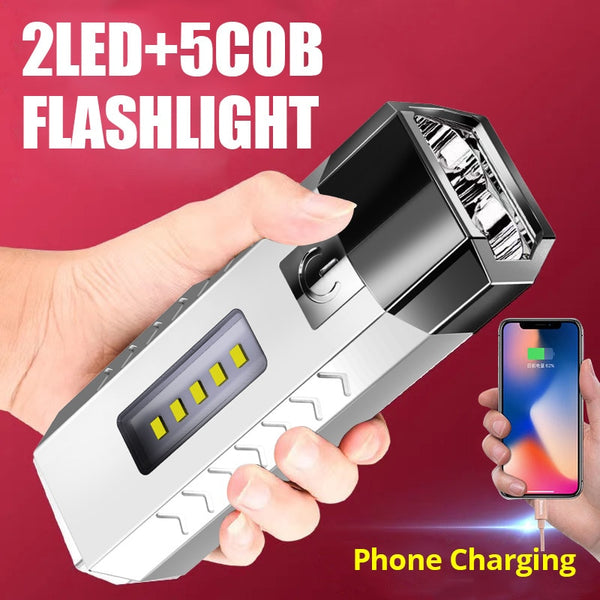 2*LED/ 3*LED+5*COB Three Light Sources Flashlight 18650 USB Rechargeable Portable Waterproof Led Torch with Power Bank Function