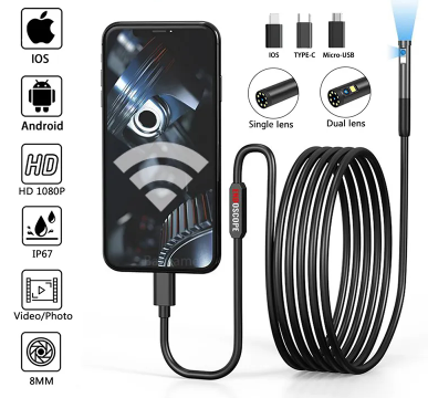 HD 8mm Lens 3-in-1 IOS/Type-C/Micro USB Borescope, Single/Dual Lens 1/3 Meter Cable for IOS System Android Waterproof Borescope