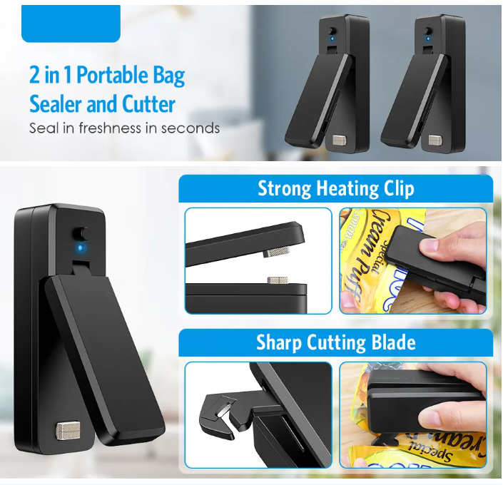 3rd Generation 2 in 1 Bag Sealer and Cutter Rechargeable Portable Bag Vacuum Heat Sealer&Cutter for Plastic Snack PVC Bags Outdoor Picnic Campaign