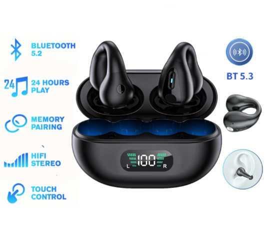 TWS Wireless Headphones Bluetooth 5.3 Bone Conduction Earphones Earclip Design Touch Control LED Earbuds Sports Headsets