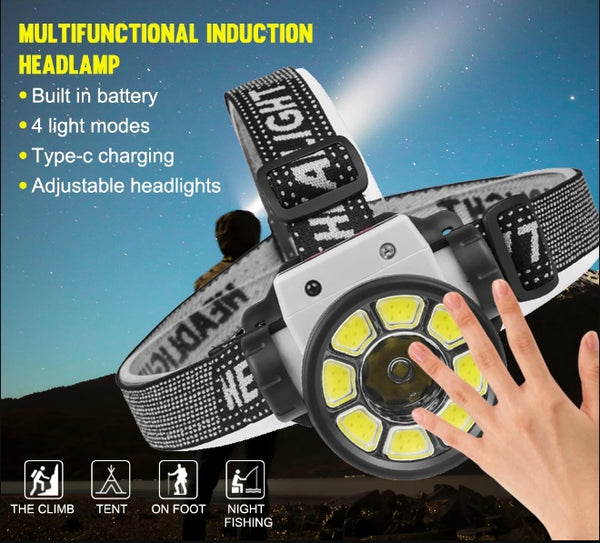 100W 8 COB LED Inductive Headlight Rechargeable IPX4 Waterproof 200M Range 45° Floodlight Head
