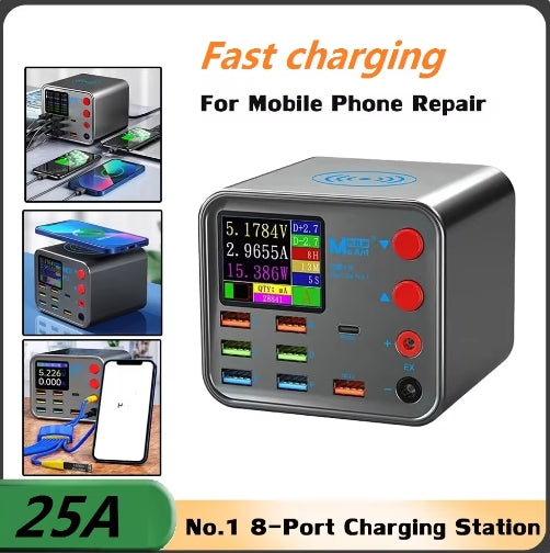 25A 8 Port USB PD 200W Fast Charging Wireless Smart Charger  LCD Display With Anti Short Circuit Repair Function Extend Phone Battery Life