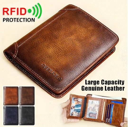 High-grade Retro RFID Protect Cowhide Trifold Wallet for Men Slim Trifold Front Pocket Money Bag Anti-theft Brush Card Wallet