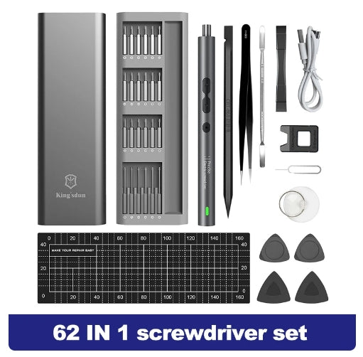 62-in-1 Precision Electric Screwdriver Set Rechargeable includes 48 precision bits, a magnetic worktable pad, sucker, crowbar, tweezers, etc.