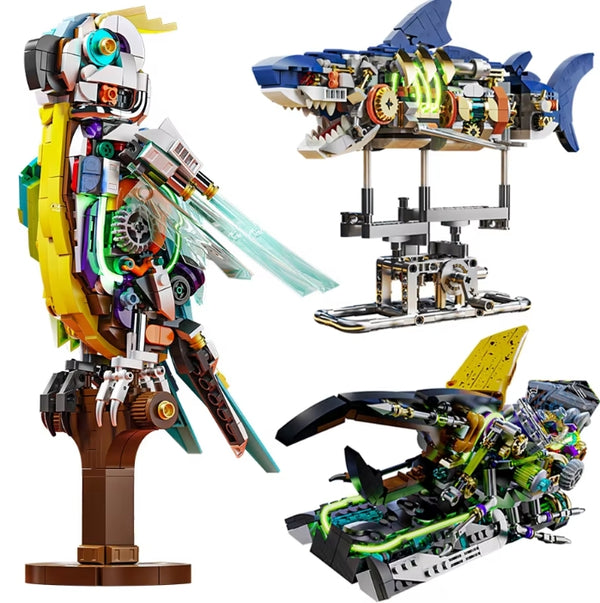Technical Mechanical Parrot/Mechanical Shark With Light Building Blocks Kit Bird Animal Bricks Model Assembly Toys Creative Gifts