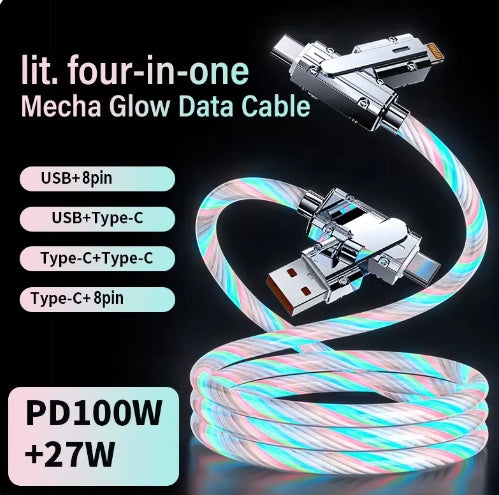 100W 4-in-1 RGB Flow Luminous Multi Charging Cable 180 Rotate Fast Charging Support USB-A to Lightning, USB-A to Type-C, Type-C to Type-C, Type-C to Lightning