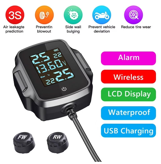 Motorcycle TPMS with QC 3.0 Fast Charging Motorbike Tire Pressure Monitoring System LCD Display Tyre Temperature Alarm System
