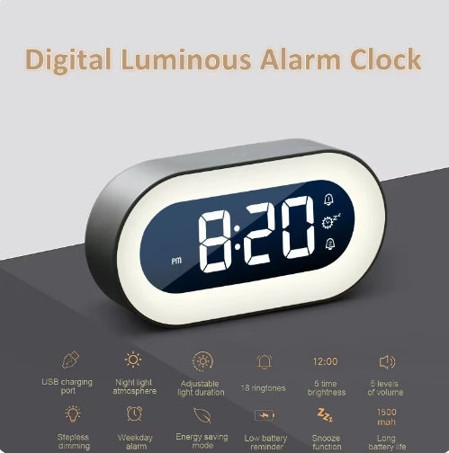 2 in 1 Digital Luminous Alarm Clock Night Light Music Dual Alarm Stepless Dimming Desktop Clock USB Charging Night Light LED Clocks