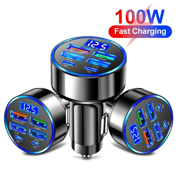 PD100W 6 Ports Car Charger USB C Charger 12-24V PD Fast Charging Car Cigarette Lighter Plug 2 Type-c and 4 USB with Digital Display