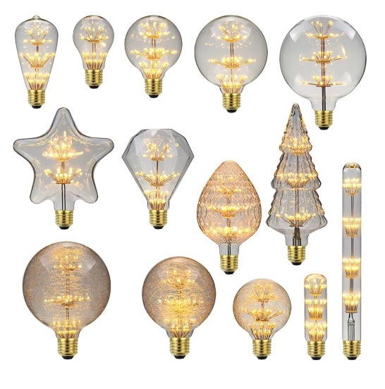 Vintage Led Bulb Starry Firework Edison Bulb 3W AC85-265V E27 Transparent Glass Warmth Glow Decorative Light Bulb