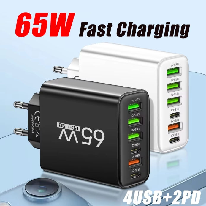 6 IN 1 New 65W 6 Ports Fast Charging Mobile Phone Charger with 4USB and 2PD Type-c Charger US/EU/UK Plug For Phones and Other Digital Products