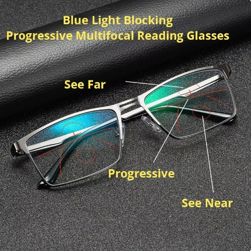 Alloy Anti-Blue Ray Progressive Far,Middle And Near 3-use Reading Glasses Black-rimmed