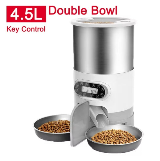 4.5L Cat Timing Feeder Smart Cat Dog Feeder Stainless steel Double Meal Pet Food Remote Feeding Automatic Dispenser Suitable Cats Dog