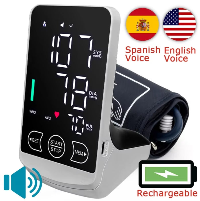 Digitization Voice LCD Large Screen Arm Blood Pressure Monitor English/Spanish Voice Large Display Screen Rechargeable Automatic Tonometer