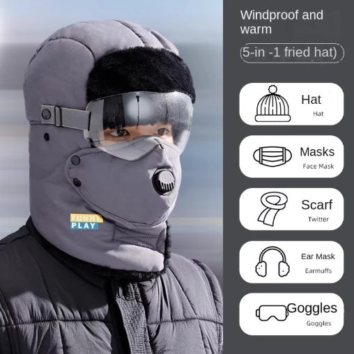 Multifunctional Cashmere 5 in 1 Hat+Mask+Scarf+Earmuffs+Goggles Super Warm Hat Velvet Thickened Winter Balaclava