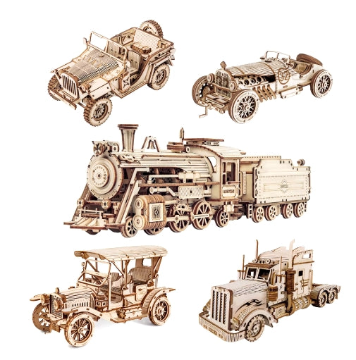 DIY Handmade Wooden Toy Car 3D Puzzle Movable Steam Train,Car,Jeep Assembly Toy Gift for Children Adult Wooden Model Building Block Kits