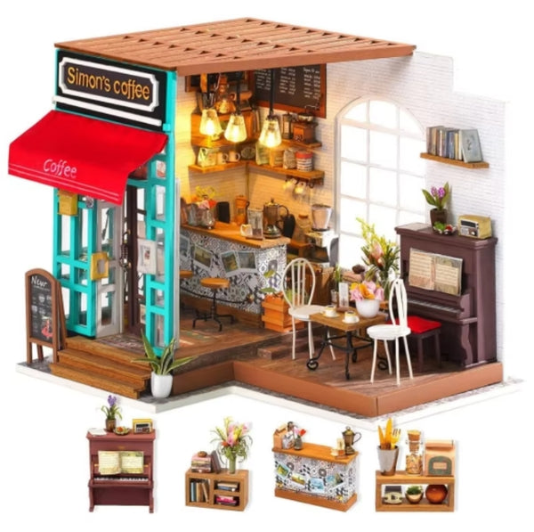 Wooden Miniature Doll House 3D Puzzle Toy Assembled DollHouses Building Model Kit Making Room Toys Decorations With Furniture Simon's Coffee Toys