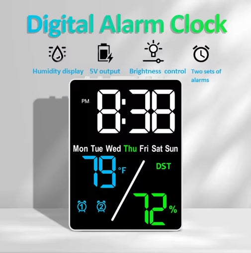 New Digital Alarm Clock TEMP Humidity Date Week Disply 2 Alarm Snooze Electronic Table Clock 3-level Brightness 12/24H DST LED Clock