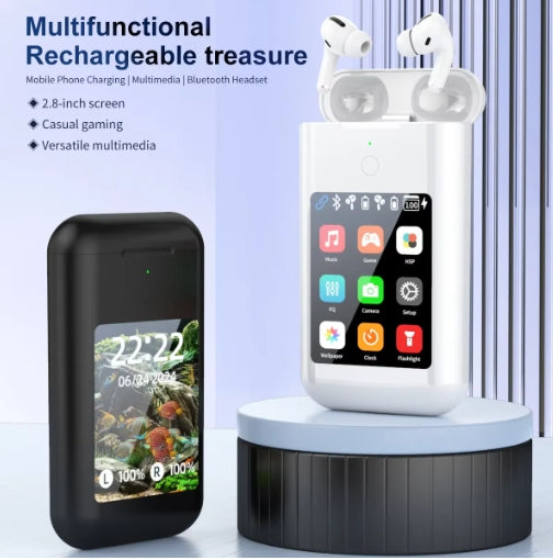 Portable 3-in-1 Phone Headsets Power Bank Multimedia Bluetooth Earbuds 2.8'' Display Touch Screen Control Headphones Wireless Sports Headset 8000mah