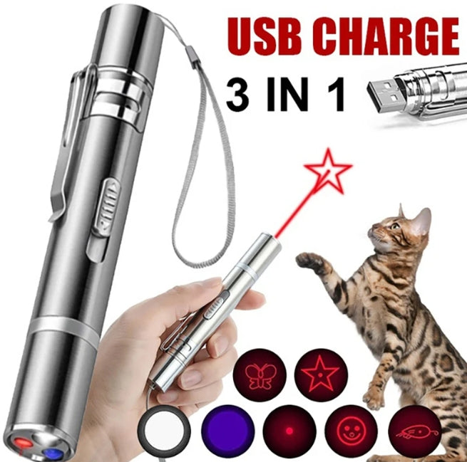 Cat Toys Laser Pointer 3 Lights with 5 Adjustable Patterns USB Recharge Laser Long Range Training Chaser Interactive Toy Dog Laser Pen