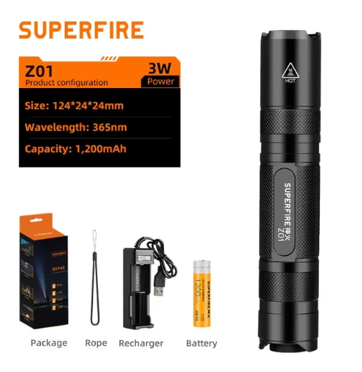 SUPERFIRE 20W 365nm UV Flashlight UV Identification Lamp Pet Urine Scorpion UV Light Vegetable Bordeaux Liquid Blue Alum Detection Pen