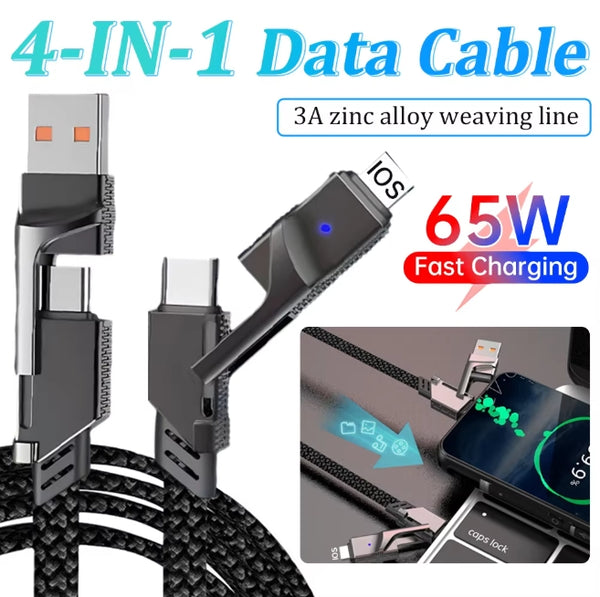 4-in-1 Multi PD65W Fast Charging Cable, Support USB-A to Lightning, USB-A to Type-C, Type-C to Type-C, Type-C to Lightning
